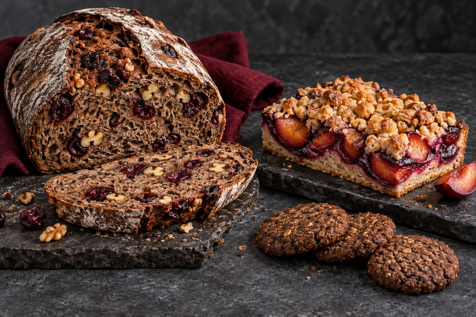 Tart cherry and walnut rye loaf with European plum streusel and rye cookies